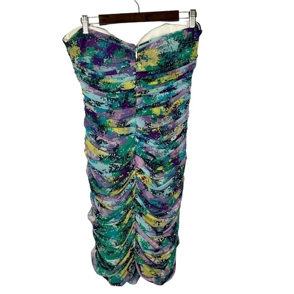BCBGMaxAzria Blue & Purple Printed Ruched Mini Dress L - Picture 3 of 4